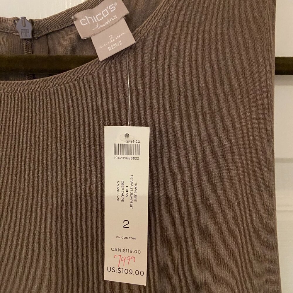 Chico's Taupe Sleeveless Wide-Leg Drawstring Jumpsuit - Picture 7 of 10